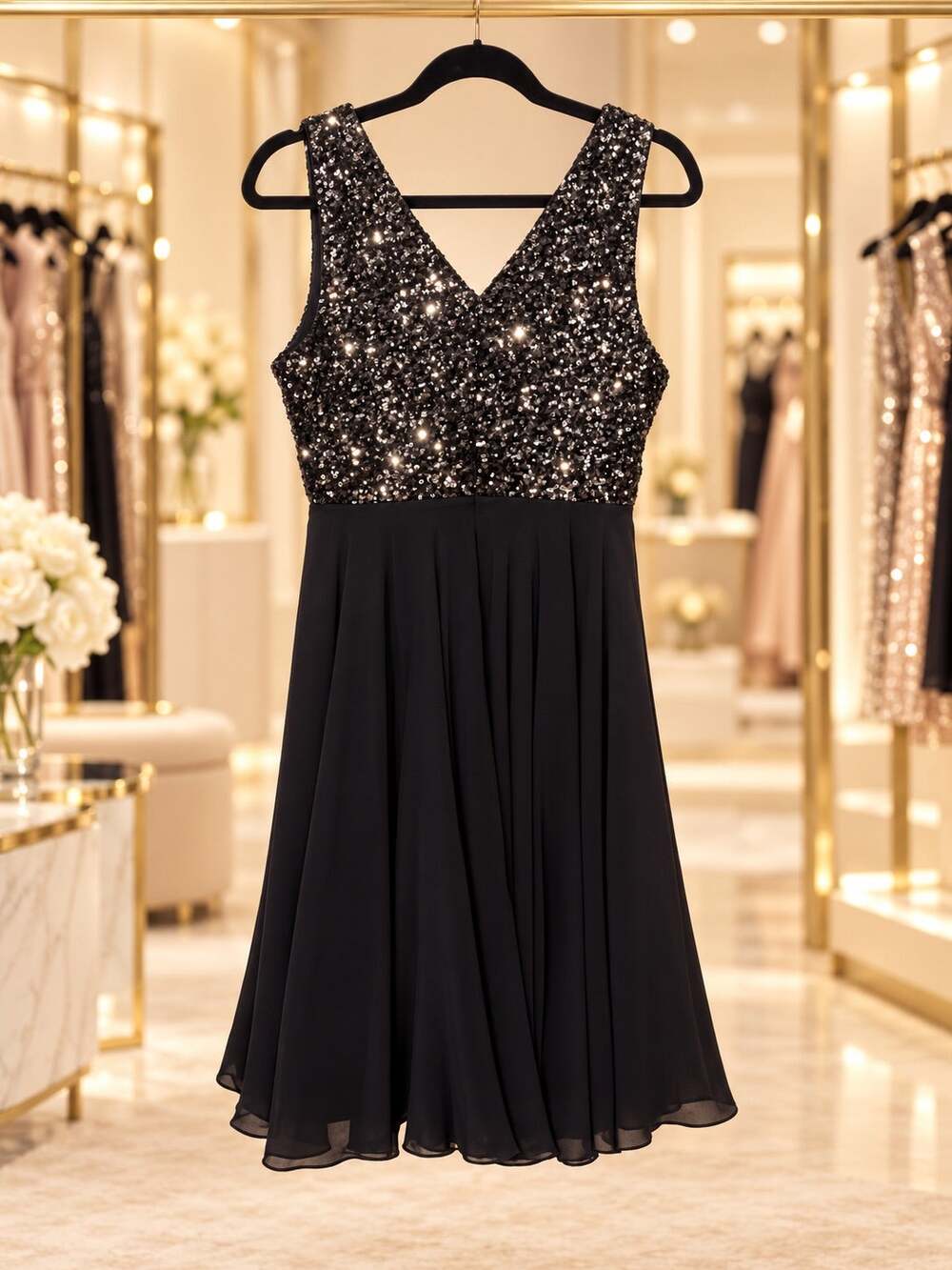Dress the Population Black Sequin Sleeveless V-Neck Chiffon Cocktail Dress LBD